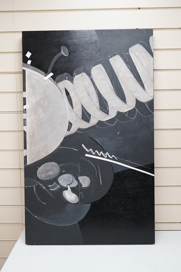 Gus Cummins, Abstract composition, tryptych oils and mixed media collage on board, Royal Academy of Arts Summer Exhibition 2007 label verso, unframed, 104 x 63cm